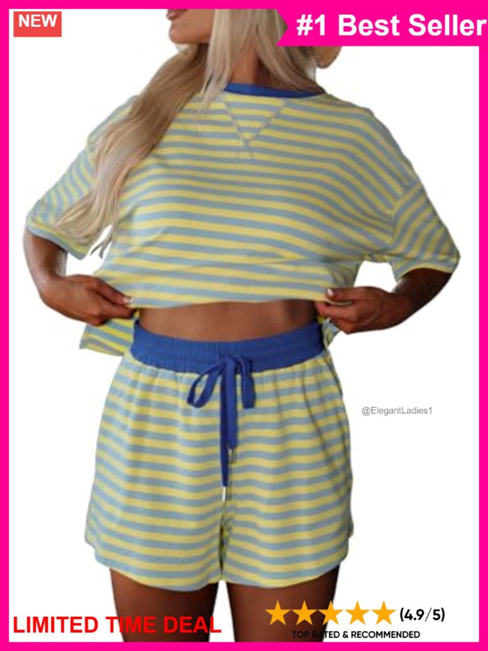 Womens 2 Piece Striped Short Sleeve Tee & High Waist Drawstring Short Set